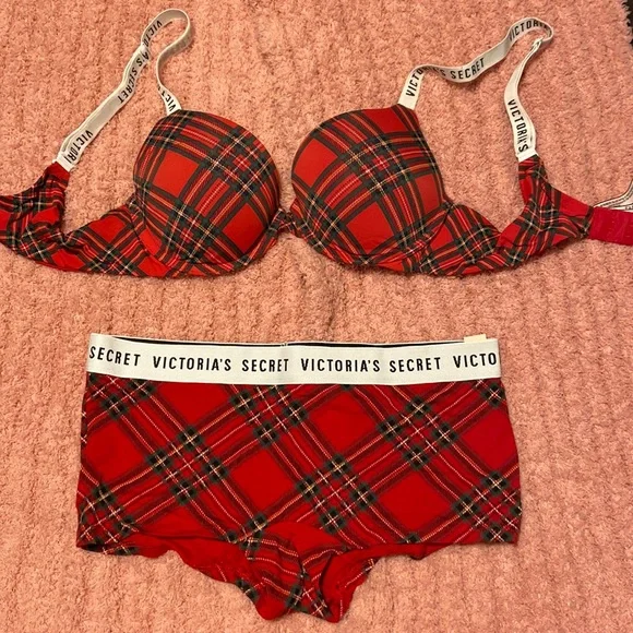 2pc set Victoria’s secret bra& panty plaid pattern holiday bra panty set 34B M - Picture 7 of 16